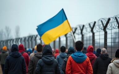 Ukraine flag. Refugees near barbed wire fence. Migrants migrates to other countries. High quality