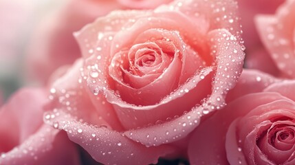 Dew-Kissed Pink Roses: A Close-Up Macro Photograph