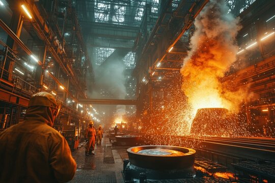 A massive industrial steel mill with towering furnaces, workers in heat-resistant suits monitoring the molten metal flow. Sparks fly as liquid metal is poured into molds