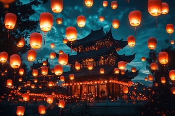 Fototapeta premium The Lantern Festival, with thousands of glowing red lanterns floating in the night sky above a Chinese temple.
