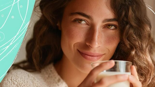 Embracing Freshness: A Portrait of serenity featuring an attractive woman with soft features, gazing gently while relishing a refreshing glass of milk. 