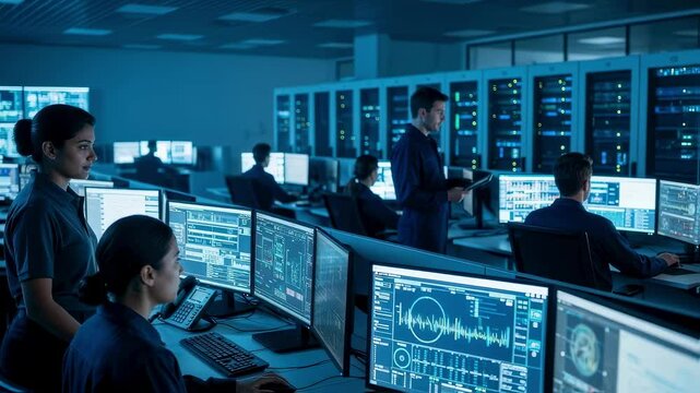 Network operations center showing system administrators and it engineers managing data on computer screens, while a supervisor monitors their work