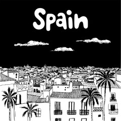 Black and white hand-drawn vector of a Spanish coastal city at night with palm trees, tiled roofs, and Mediterranean buildings. Urban skyline illustration for travel posters and decor