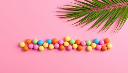 Obraz premium the image presents a vibrant and colorful scene set against a pink background, dominating the center of the image is an array of small, pastel colored candies