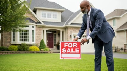 Successful real estate agent is placing a for sale sign on the lawn of a residential property, marking the beginning of a new chapter for potential homeowners