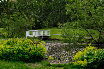 Scenic garden with a white bridge in Reykjavik, Iceland surrounded by greenery