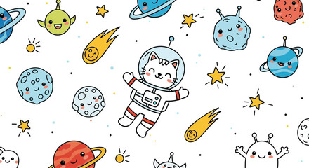 Cute Cartoon Cat Astronaut Floating Among Smiling Colorful Planets Stars and Comets in White Space Background
