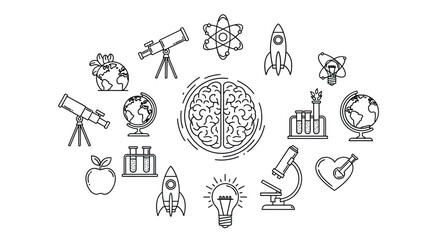 Hand Drawn Science Concept Icons with Brain Globe Rocket and Microscope in Black and White
