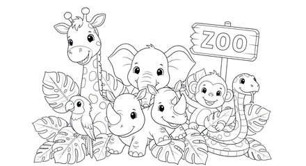 Cute Cartoon Zoo Animals Group Including Giraffe Elephant Rhino Monkey and Snake with Tropical Leaves
