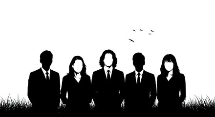 Silhouetted Business Team Standing in Grass with Flying Birds Minimalist Black and White
