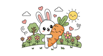 Cute White Bunny Hugging Smiling Orange Carrot in Colorful Garden with Sunny Sky
