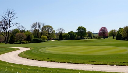 the image depicts a serene golf course with manicured greens under a clear sky, a winding path of sand leads to the 18th hole, suggesting a scenic course layout