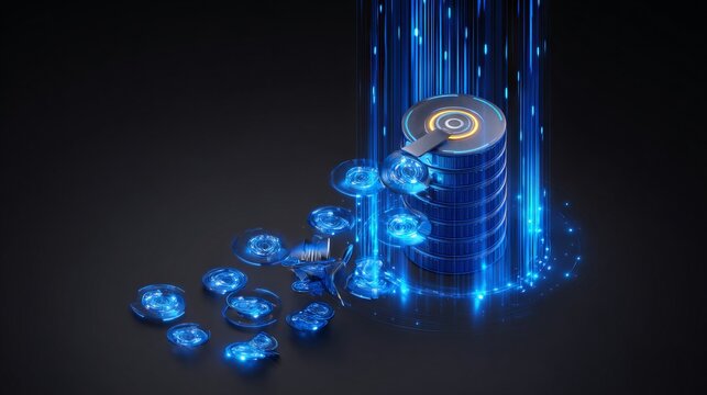 3D Render of 1C Database Backup Transfer from Damaged Drive to Server with Holographic Data Streams