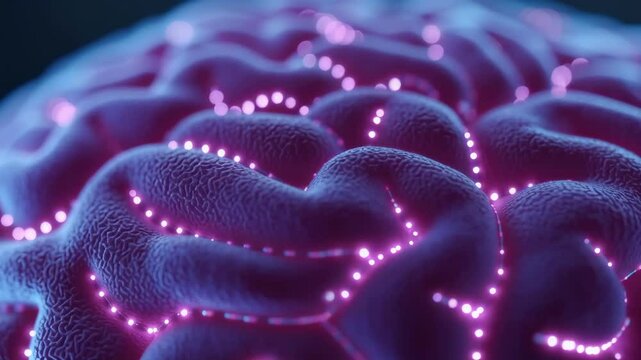 Abstract brain surface with glowing neural activity. Use for neuroscience research footage