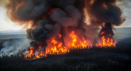 Panoramic view of a devastating forest fire with intense flames and thick smoke engulfing trees.