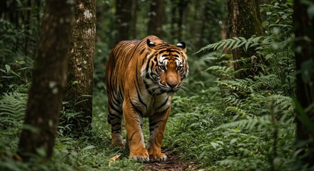A Bengal tiger strides through a dense forest Orange and black stripes contrast with the green foliage
