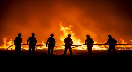 Silhouettes of firefighters battling a large, intense blaze at night.