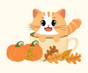 Cute Cartoon Cat in Autumn-Themed Cup – Vector Illustration

