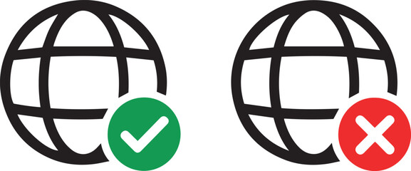 Global network connection status icons with checkmark and cross symbols