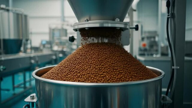Dry pet food kibble is pouring from a stainless steel hopper into a large metal container on an automated production line in a pet food processing factory