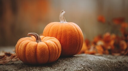 Two orange pumpkins on stone with autumn leaves in background