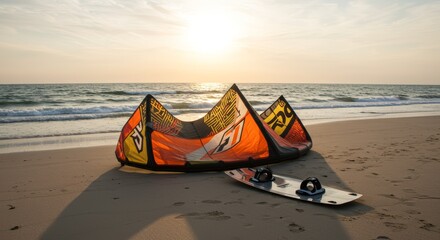 A kiteboarding kite and board rest on a sandy beach at sunset with the ocean and sky in the background