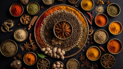 A topdown view showcases a circular arrangement of spices and seasonings, creating a vibrant and aromatic culinary display on a dark surface