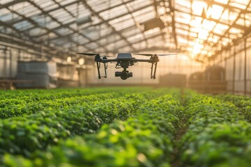 Drone flying above crops in smart greenhouse