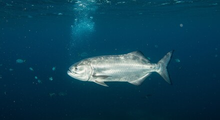 Fototapeta premium A large silver tarpon swims in blue ocean water with bubbles rising toward the surface