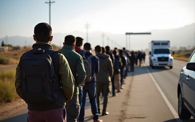 Waiting in Line Refugees at Border Crossing. Concept Asylum Seekers, Humanitarian Crisis, Refugee Standoff, Immigration Policy, Border Patrol. High quality
