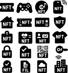 Collection of black and white icons representing various non fungible token concepts including gaming music real estate tickets security and digital assets