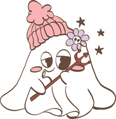 A hand-drawn vibrant cartoon cool ghost illustration, Cute Ghosts for Spooky Season Hand Drawn, perfect for Halloween themes.