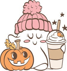 A hand-drawn vibrant cartoon cool ghost illustration, Cute Ghosts for Spooky Season Hand Drawn, perfect for Halloween themes.