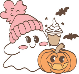 A hand-drawn vibrant cartoon cool ghost illustration, Cute Ghosts for Spooky Season Hand Drawn, perfect for Halloween themes.