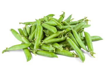 Pile of fresh green pea pods isolated on white, transparent background. Crisp and natural organic, plant based nutrition, clean eating, culinary or healthy food, diet vegetable, legume plant, harvest