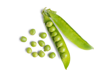 Open green pea pod with individual peas scattered around, isolated on white, transparent...