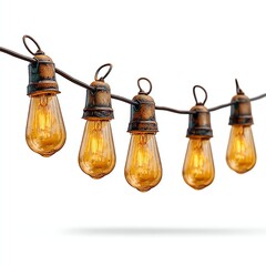 String of vintage light bulbs glowing warmly.
