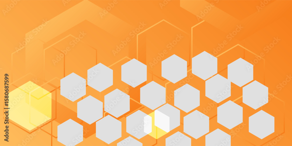 Poster abstract orange background with white and yellow hexagon patterns. modern geometric design with grad