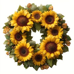 Bright sunflower wreath with green leaves and a circular design.