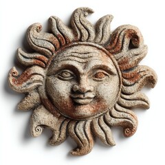 Sun sculpture with a smiling face and wavy rays.