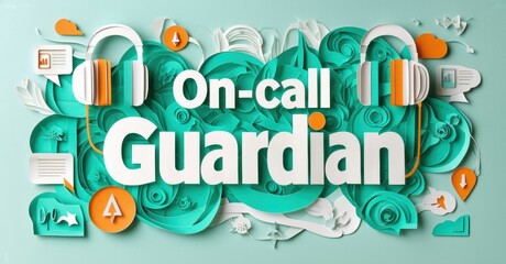 Papercraft design features text Oncall Guardian. Abstract shapes suggest connectivity, security, monitoring systems. Light blue, orange hues dominate composition.