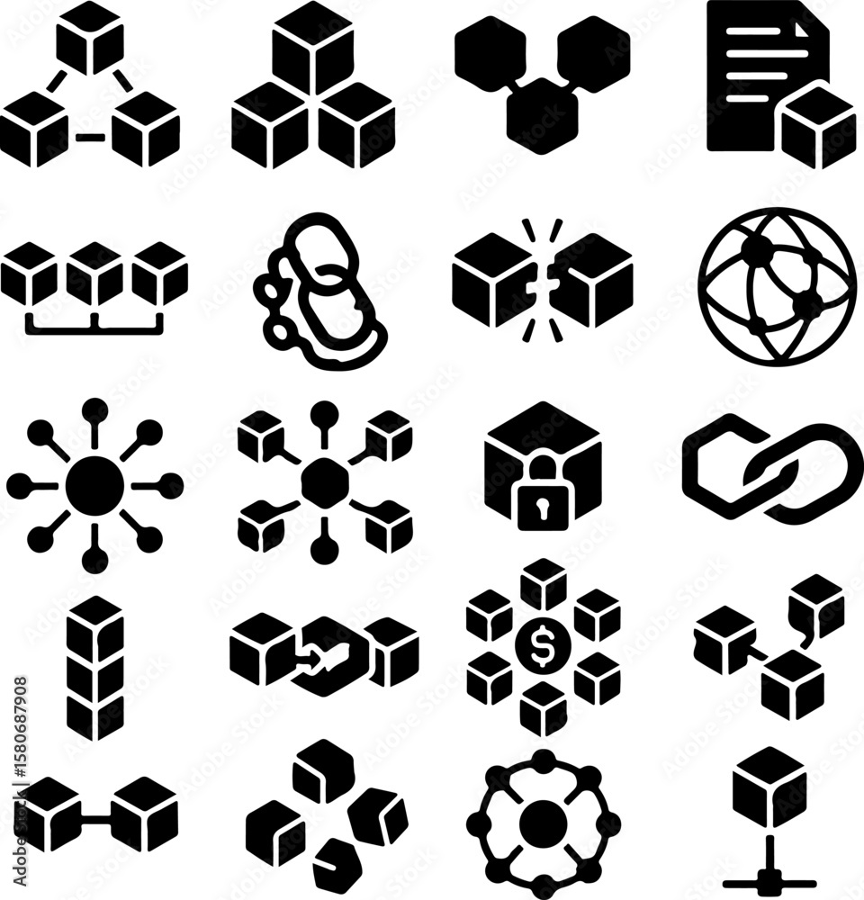 Fototapete collection of black blockchain and network icons representing distributed ledger technology data sec