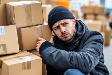 Frustrated courier with packages and delays