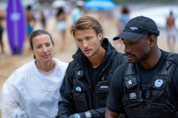 Fototapeta premium A group of lifeguards engaged in discussion while monitoring the beach, showcasing teamwork, commitment, and safety in a bustling seaside environment on a sunny day.