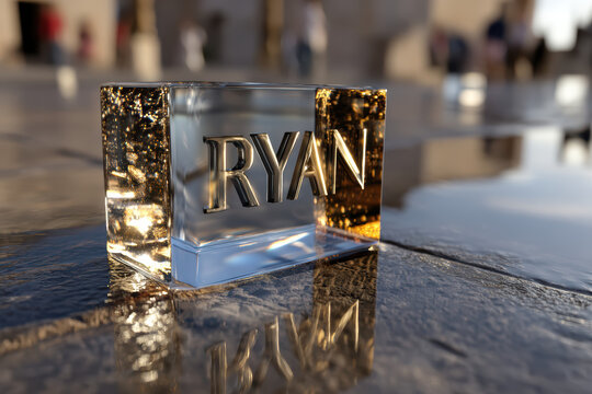Name RYAN engraved into a reflective smooth glass cube