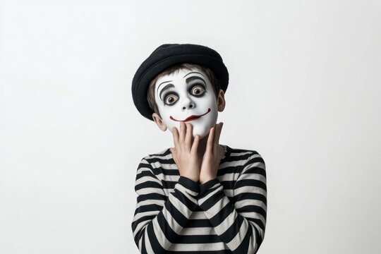 Funny boy mime acting on white background