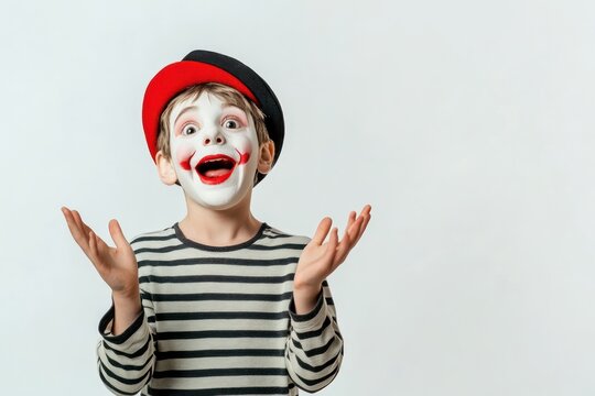 Funny boy mime acting on white background