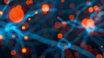 Abstract neural network with luminous blue connections and active orange glow. Complex brain function and rapid information transfer. Use for neuroscience or artificial intelligence. - Powered by Adobe