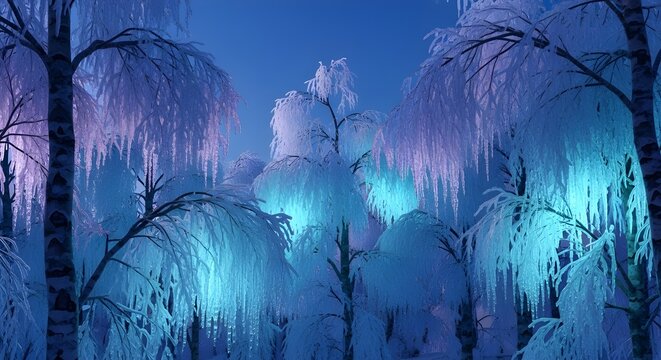 Mystical frozen forest landscape with glowing blue and purple light, frosty trees, hanging icicles, and surreal dreamlike atmosphere in a tranquil, magical winter world