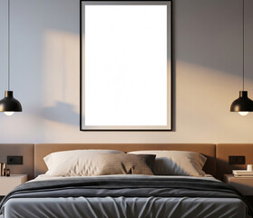 Mockup Of Vertical Frame Above Bed Warm Light Elegant